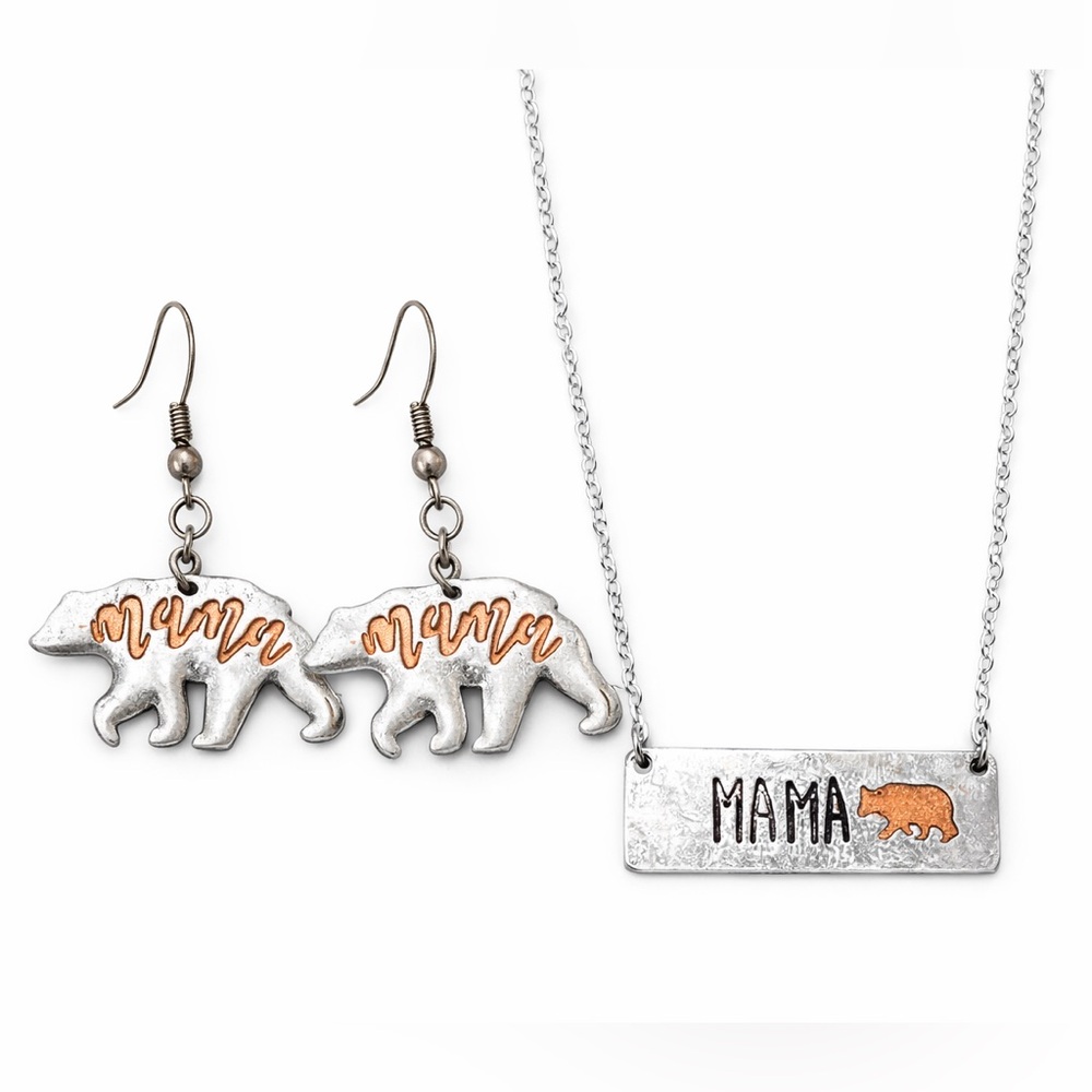 Mama Bear Necklace & Earrings Set | Silver & Copper two tone  🐻